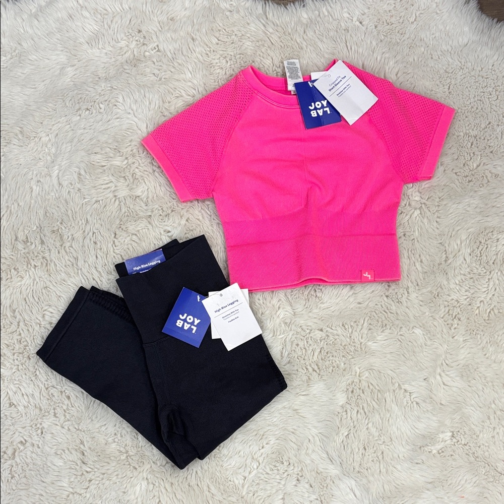NWT JoyLab Neon Pink Short-Sleeve Athletic Crop Top with Black Leggings